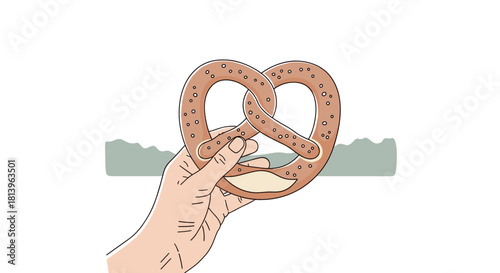Hand holding a pretzel outdoors with a simple background  