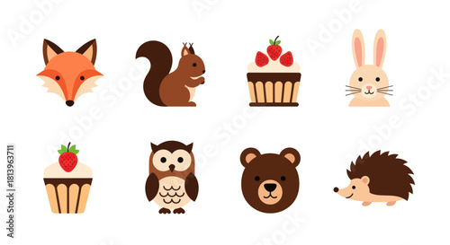 Cartoon animal characters and dessert illustrations on a white background