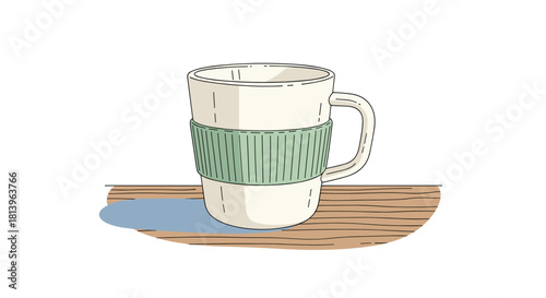 Reusable mug with green band on wooden surface  