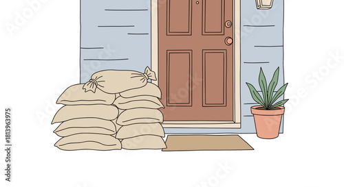Sandbags stacked near front door with potted plant on porch  