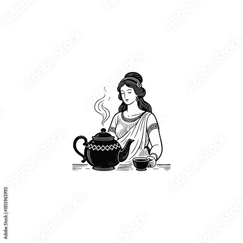 A peaceful vintage engraving illustration of a woman or goddess in classical attire pouring tea from an ornate teapot into a cup.