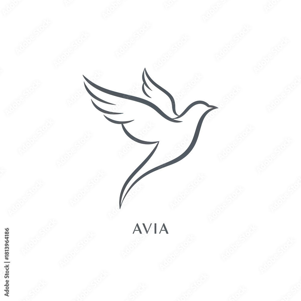 Fototapeta premium Elegant outline of a flying dove with outstretched wings and the word AVIA below on a black background symbolizing peace and freedom