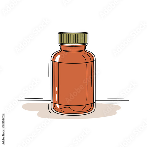 Glass vitamin bottle with green cap on light countertop  