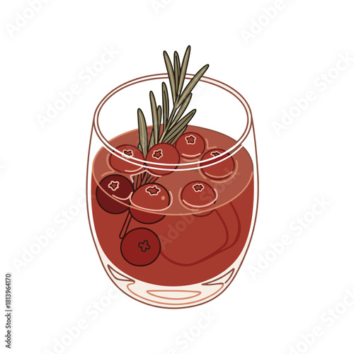 Winter cocktail with cranberries and rosemary in glass  