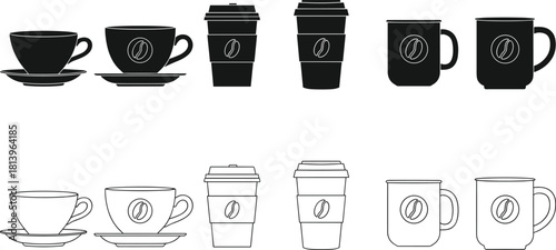Vector set of coffee cups, black silhouette and outline icons, takeaway paper mug, espresso bean symbol, cafe drink illustration.