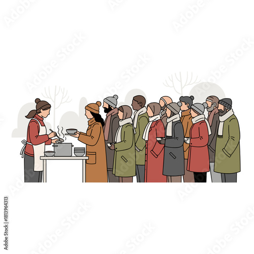 People waiting in line for Christmas soup kitchen meal outdoors  