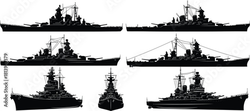 Vector silhouette set of military warships, naval battleships, cruisers, destroyers with heavy guns, black boat icons isolated on white background.
