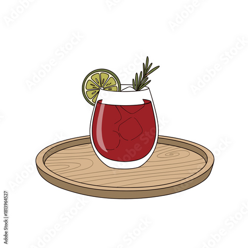 Festive cocktail served on wooden tray with lime and rosemary  