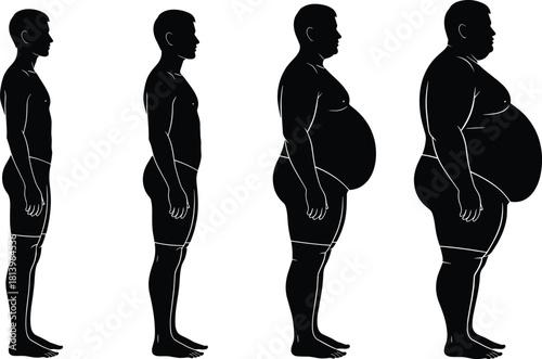 Vector silhouette of male body types, weight gain stages from thin to obese, BMI index, diet transformation, fat loss concept.