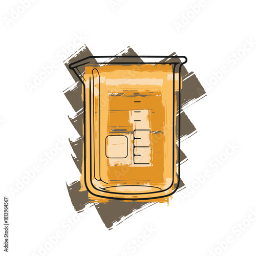 A rendered illustration of a lab beaker filled with amber-colored liquid. Great for concepts of science, measurement, medicine, and food testing.