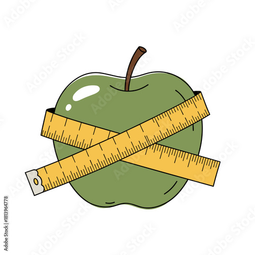 Green apple with yellow measuring tape wrapped around it  