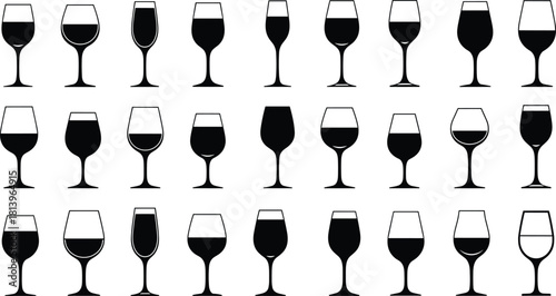 Vector collection of wine glass silhouettes, alcohol drink icons, black goblet set, restaurant bar menu elements, champagne flute shapes, isolated symbol.