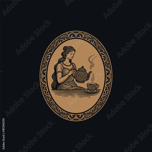 vintage style engraving illustration of a beautiful woman with long hair pouring hot tea from an intricately patterned teapot into a small cup, set within an elaborate decorative oval frame.