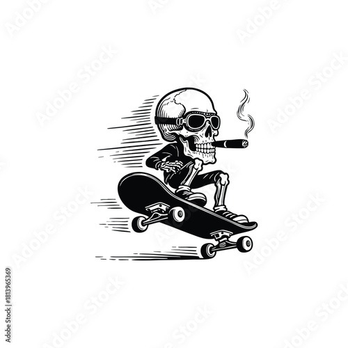 A cool, dynamic vintage engraving illustration of a skeleton character wearing goggles and smoking a cigar while fast skateboarding