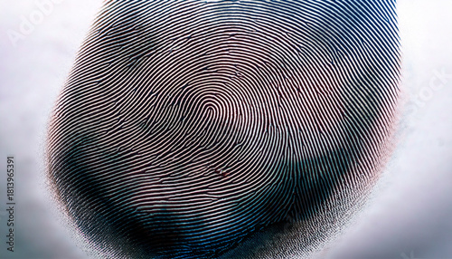 Ultra-close fingerprint showing sharp ridge lines and whorl patterns on a bright white background, ideal for forensic applications.