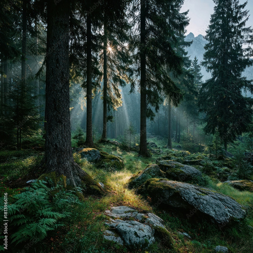 Obraz premium Sun rays pierce a dense forest, illuminating trees, mossy rocks, and lush undergrowth