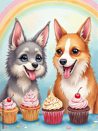 Cute Cartoon Dogs with Cupcakes and Rainbow Background Illustration