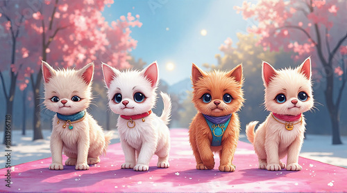 Adorable Cartoon Kittens with Large Eyes in a Springtime Setting