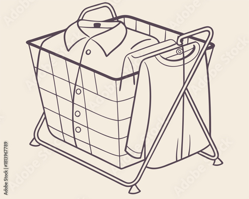 Line Drawing of a Laundry Basket Filled with Folded Shirts and aT-shirt Hanging apparel and white
