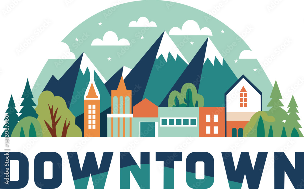 Naklejka premium Colorful flat illustration of downtown buildings and mountains city architecture