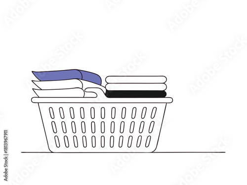Line Drawing of a Laundry Basket with Stacked Folded Clothes on a White Background apparel and white