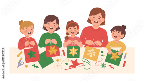 Creative Collaboration: A moment of joyful crafting unfolds as a group, hand in hand, create their own colorful art at their own pace. Embodying the spirit of artistic expression and camaraderie.