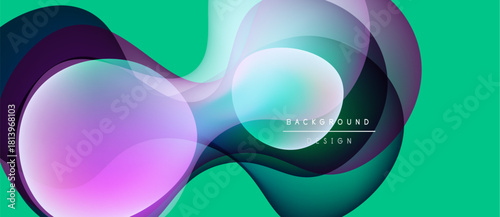 Abstract fluid shapes overlap, creating vibrant color gradients. Modern design elements suggest movement, energy, dynamic composition. Green background enhances visual impact.