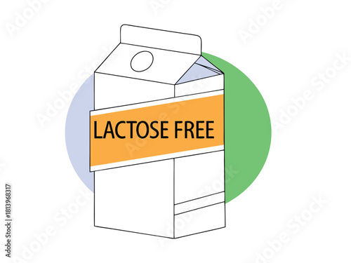 Minimalist lactose free milk carton with orange label and abstract circles dairy drink