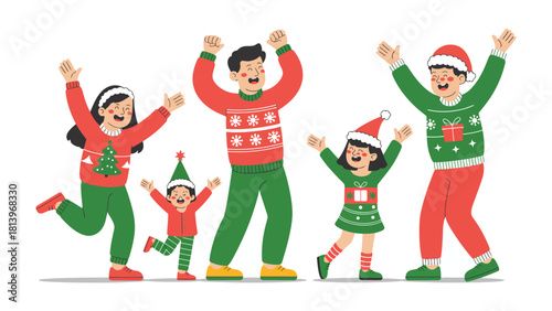 Holiday Family: A joyous family, united by holiday spirit and matching sweaters, radiates warmth and togetherness. Captured in a moment of celebration.