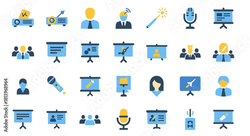 Collection of business presentation icons featuring various aspects of meetings
