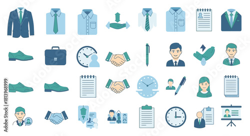 Illustration presenting a collection of business and office-related icons on white background