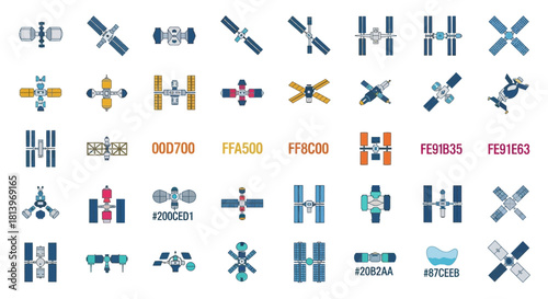 Diverse vector set of orbital space stations and satellites icons illustrations