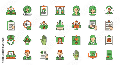Diverse set of human resources and social assistance themed vector icons design collection