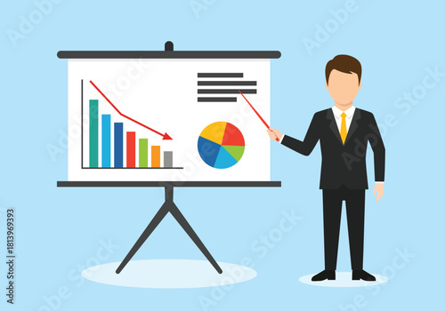 Man in suit points to declining bar chart and pie chart on presentation screen business