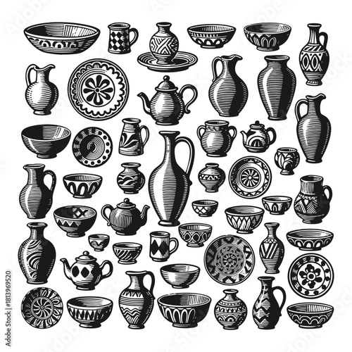 A large collection of detailed vintage engraving illustrations featuring various handmade pottery and ceramic items, including bowls, pitchers, teapots, and decorative plates
