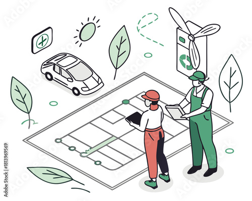 Environmental planning illustration with eco-friendly elements of clean energy and sustainability