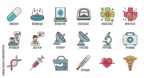 Medical Icons Set Colorful Style Medicine Equipment Symbol and Healthcare Signs Graphic Isolated