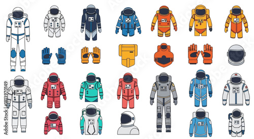 Collection of Astronauts and Space Suits in Various Colors and Designs Minimalistic Style