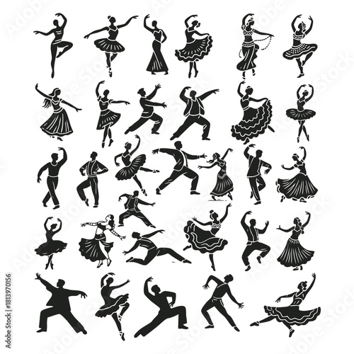 A large collection of dynamic silhouettes featuring dancers in various poses, including classical ballet, flamenco, and social dance styles