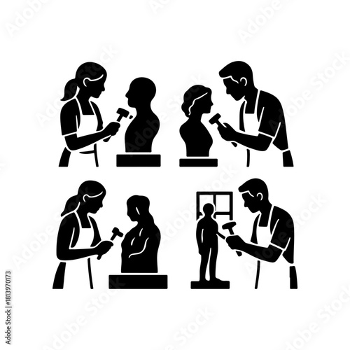 Artists sculpting busts and figures in a studio setting