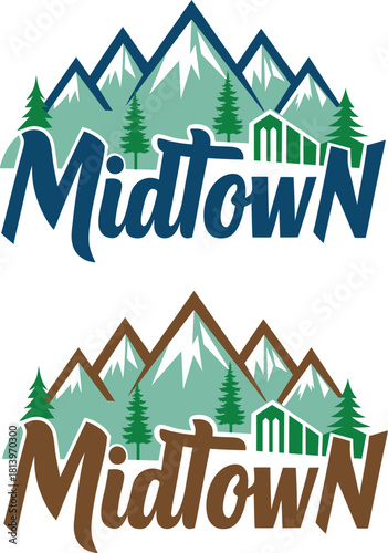 Two Midtown mountain logos with trees and houses midtown logo mountain range