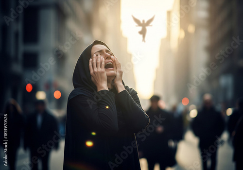 A desperate woman screams in grief and asks God for help, an angel on the street of a gloomy city among a crowd of people.