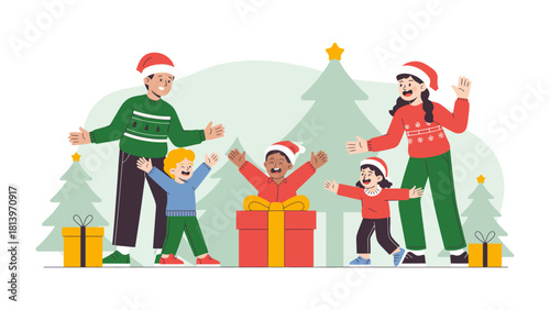 Christmas Family Fun: Capturing the joyous spirit of Christmas with a loving family surrounding children in the midst of festive season. A heartwarming celebration of togetherness and happiness.