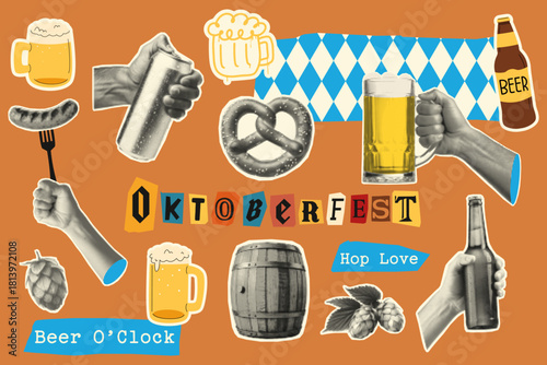 Retro halftone collage with beer mugs, pretzel, sausage, hops, and hands for Oktoberfest. Bold mixed media design.