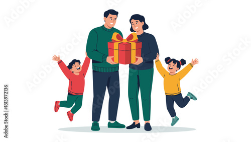 Joyful Family Gift: A family joyfully celebrates, with parents holding a beautifully wrapped gift. Two children gleefully leap with excitement.