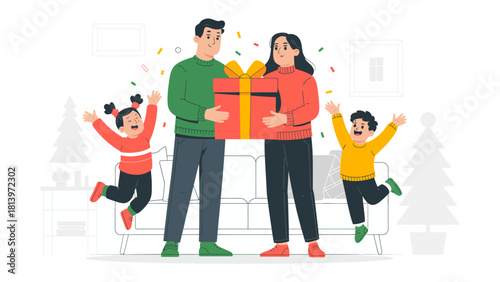 Holiday Cheer and Gift Giving: A joyous family unit, united in the spirit of togetherness, exchange a brightly wrapped gift, embracing the festive mood. A heartwarming celebration of sharing.