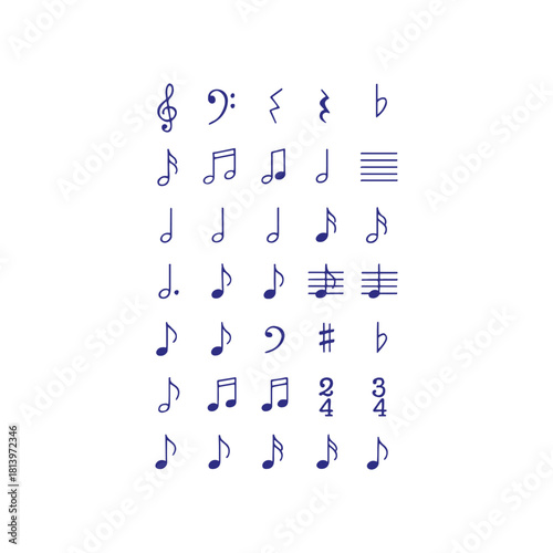 Collection of hand drawn musical notes and symbols