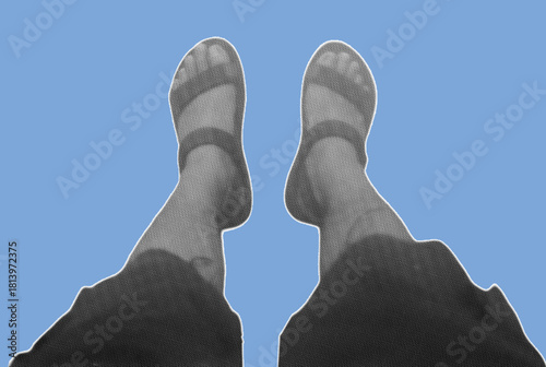 Close up of feet wearing outdoor sandals pixelate color halftone dotted texture style collage element isolated on blue background