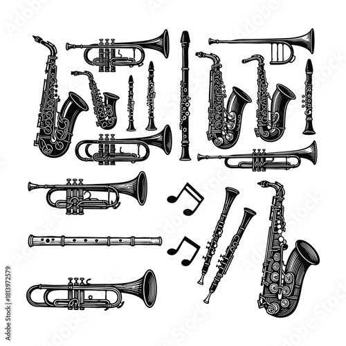 A large collection of detailed vintage engraving illustrations featuring various brass and woodwind instruments, including saxophones, trumpets, clarinets, and flutes