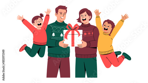 Gift of Joy: A happy family gathered, filled with excitement, sharing a special gift wrapped with a festive ribbon. It's a moment of shared happiness and togetherness